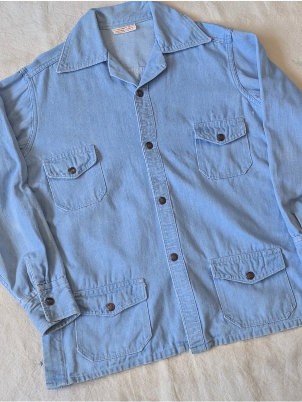 Vintage 70s Sanforized Denim Mexico Embroidered Chore Jacket Shirt Size 42
